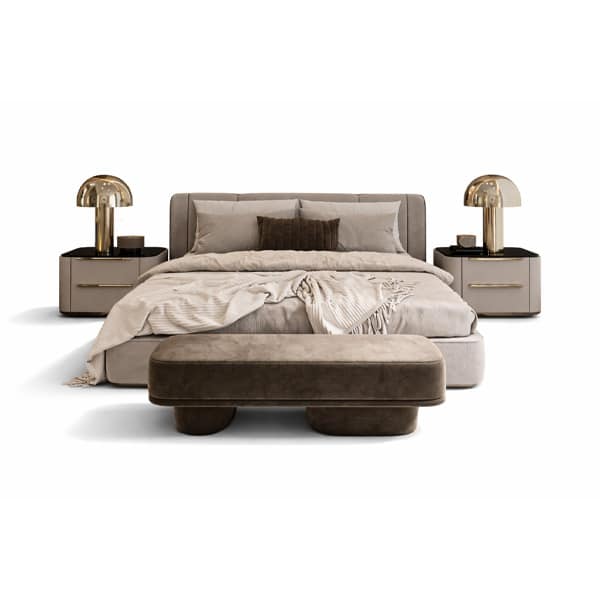 Lino Bed and Nightstand Set presented in a clean bedroom with wide room view