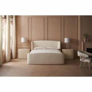 Rhea Bed and Nightstand Set presented in a classic bedroom with front perspective