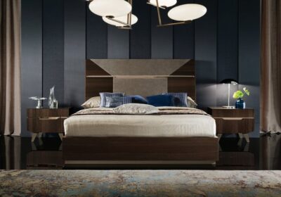 Vilo Bed and Nightstand Set presented in a classic bedroom with front perspective
