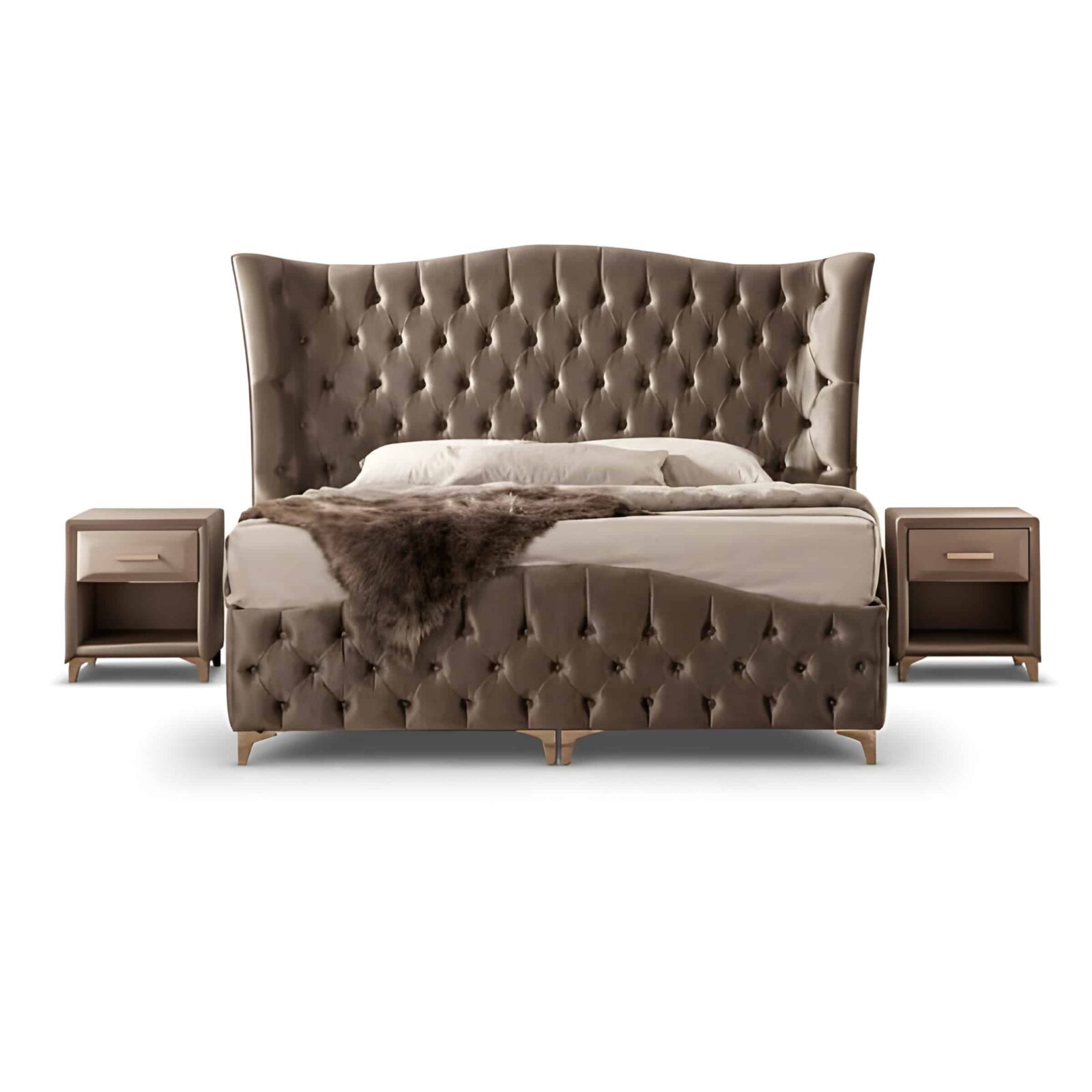 Bedroom Bed and Nightstand Set presented in a classic bedroom with gentle detail perspective with a clear product perspective