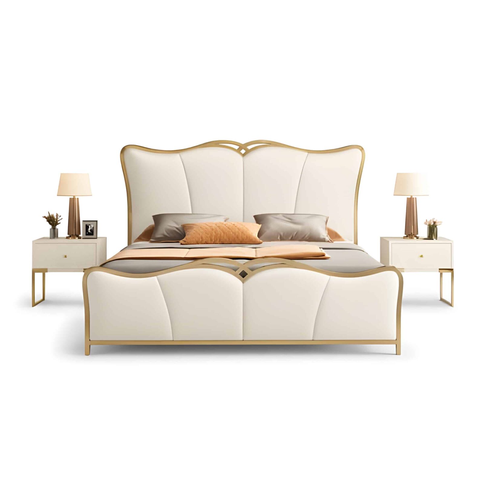 Bedroom Bed and Nightstand Set presented in a premium bedroom with elegant lifestyle perspective with a clear product perspective