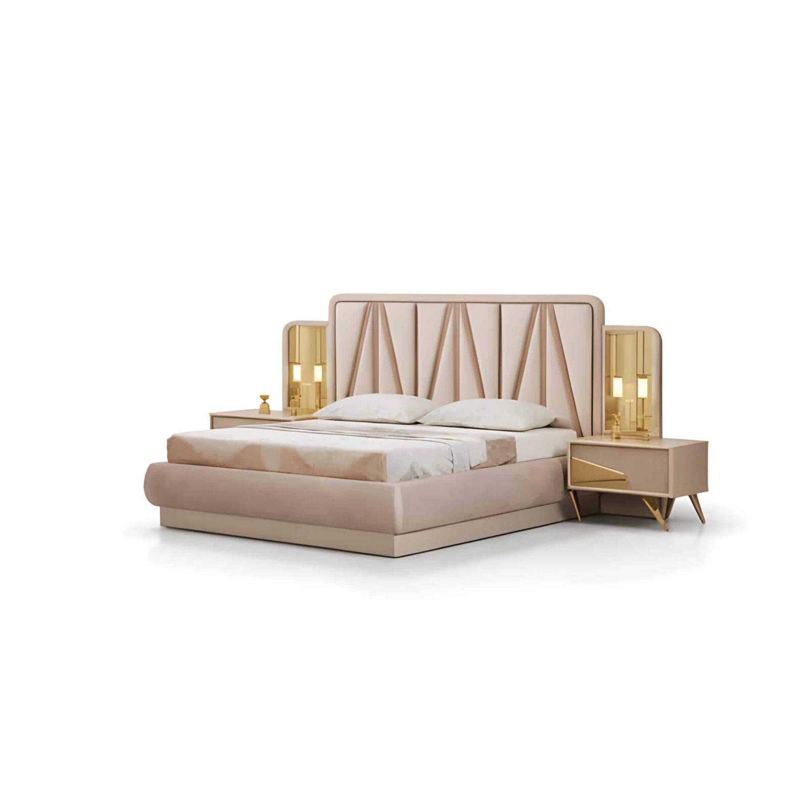Savi Bed and Nightstand Set presented in a contemporary bedroom with side perspective