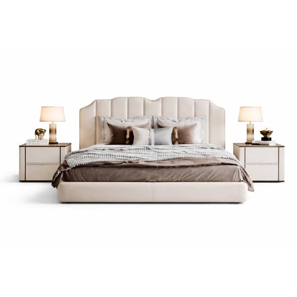 Velo Bed and Nightstand Set presented in a contemporary bedroom with side perspective