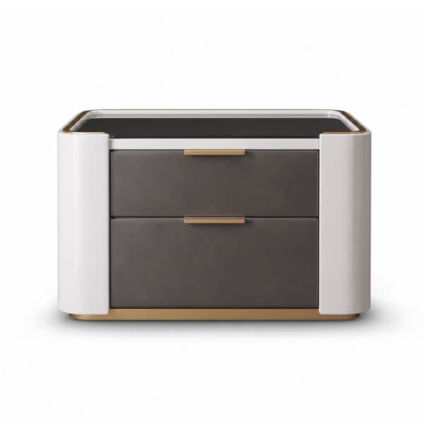 Bedroom Bed and Nightstand Set presented in a contemporary bedroom with warm wide perspective with a clear product perspective