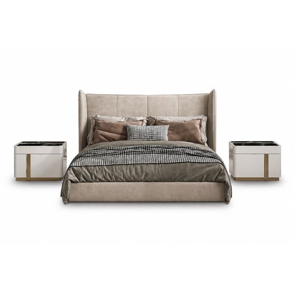 Bedroom Bed and Nightstand Set presented in a premium bedroom with elegant wide perspective with a clear product perspective