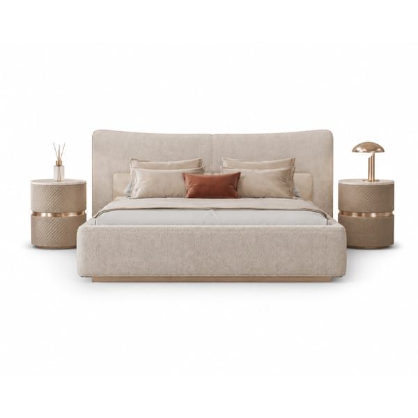 Bedroom Bed and Nightstand Set presented in a cozy bedroom with serene wide perspective with a clear product perspective