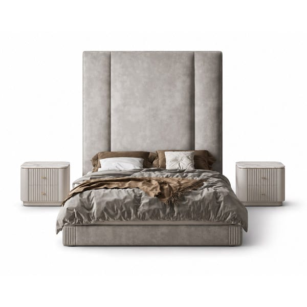Lexa Bed and Nightstand Set presented in a contemporary bedroom with side perspective