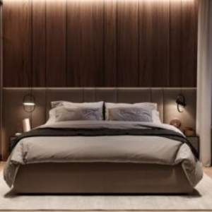 Bedroom Bed and Nightstand Set presented in a stylish bedroom with balanced decor perspective with a clear product perspective