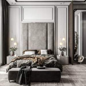 Bedroom Bed and Nightstand Set presented in a comfortable bedroom with cozy lifestyle perspective with a clear product perspective