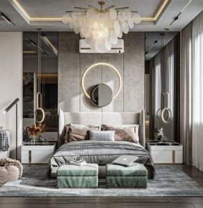Bedroom Bed and Nightstand Set presented in a contemporary bedroom with neat wide perspective with a clear product perspective