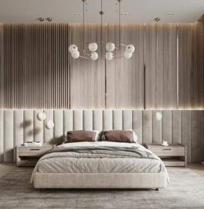 Bedroom Bed and Nightstand Set presented in a comfortable bedroom with refined wide perspective with a clear product perspective