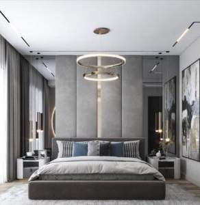 Bedroom Bed and Nightstand Set presented in a premium bedroom with polished wide perspective with a clear product perspective