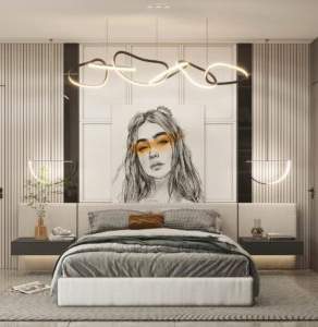Bedroom Bed and Nightstand Set presented in a modern bedroom with premium side perspective with a clear product perspective