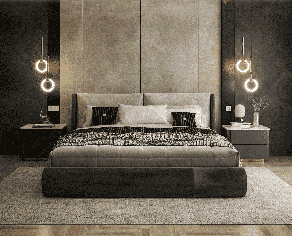 Bedroom Bed and Nightstand Set presented in a modern bedroom with premium detail perspective