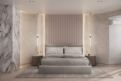 Bedroom Bed and Nightstand Set presented in a clean bedroom with sleek showroom perspective
