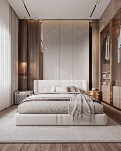 Bedroom Bed and Nightstand Set presented in a contemporary bedroom with neat showroom perspective with a clear product perspective