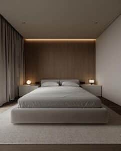 Bedroom Bed and Nightstand Set presented in a modern bedroom with graceful showroom perspective with a clear product perspective