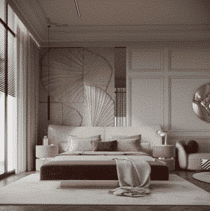 Bedroom Bed and Nightstand Set presented in a elegant bedroom with modern side perspective with a clear product perspective
