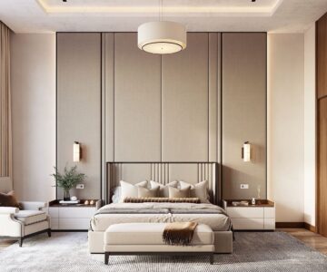 Bedroom Bed and Nightstand Set presented in a modern bedroom with graceful side perspective with a clear product perspective