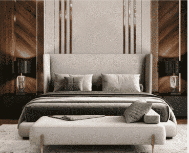 Bedroom Bed and Nightstand Set presented in a cozy bedroom with smart front perspective with a clear product perspective