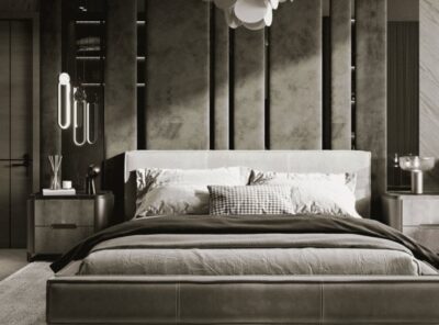 Tavo Bed and Nightstand Set presented in a modern bedroom with close detail angle