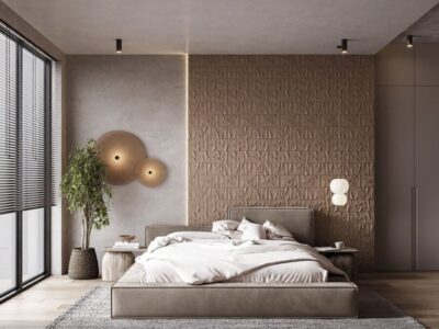 Bedroom Bed and Nightstand Set presented in a stylish bedroom with balanced showroom perspective