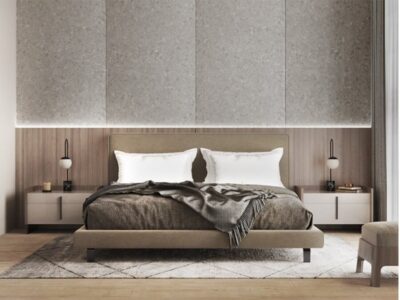Bedroom Bed and Nightstand Set presented in a premium bedroom with elegant showroom perspective