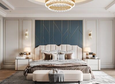 Vena Bed and Nightstand Set presented in a contemporary bedroom with side perspective