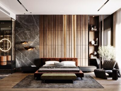 Bedroom Bed and Nightstand Set presented in a modern bedroom with graceful corner perspective