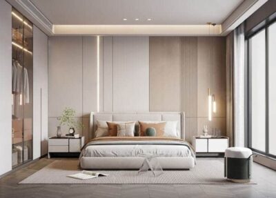 Bedroom Bed and Nightstand Set presented in a classic bedroom with airy decor perspective