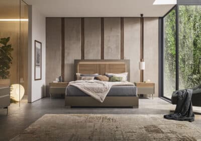 Bedroom Bed and Nightstand Set presented in a comfortable bedroom with refined decor perspective