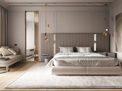 Bedroom Bed and Nightstand Set presented in a clean bedroom with calm room perspective