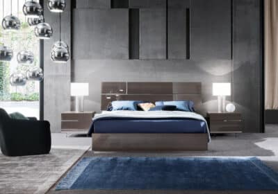 Raya Bed and Nightstand Set presented in a contemporary bedroom with side perspective