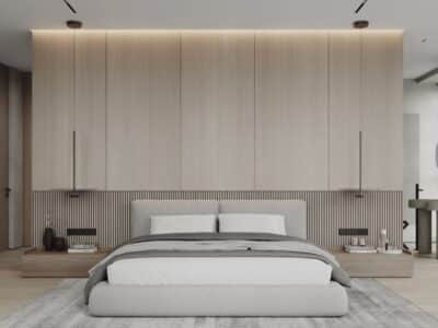 Bedroom Bed and Nightstand Set presented in a comfortable bedroom with refined interior perspective