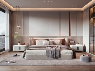 Bedroom Bed and Nightstand Set presented in a contemporary bedroom with neat interior perspective
