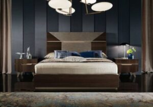 Bedroom Bed and Nightstand Set presented in a contemporary bedroom with warm lifestyle perspective