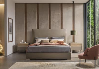 Bedroom Bed and Nightstand Set presented in a contemporary bedroom with warm furniture perspective