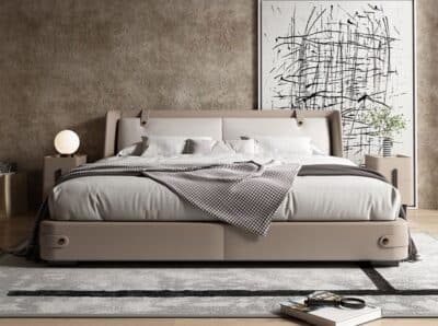 Bedroom Bed and Nightstand Set presented in a clean bedroom with calm wide perspective