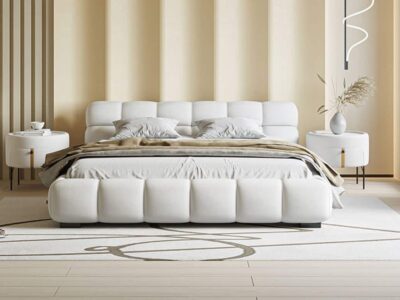 Sena Bed and Nightstand Set presented in a contemporary bedroom with side perspective